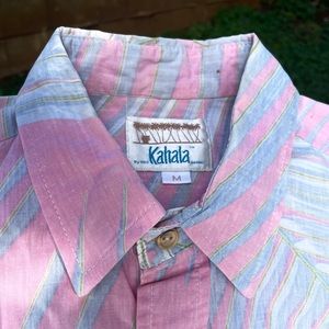 Vintage Kahala Hawaii 3 Button Aloha Shirt Pink & Palm Leaves M Short Sleeve